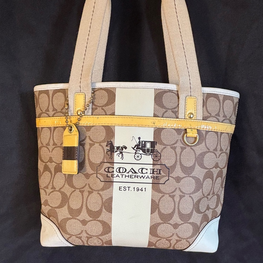 Coach Brown Signature Canvas Tote with White Stripe and Yellow Trim